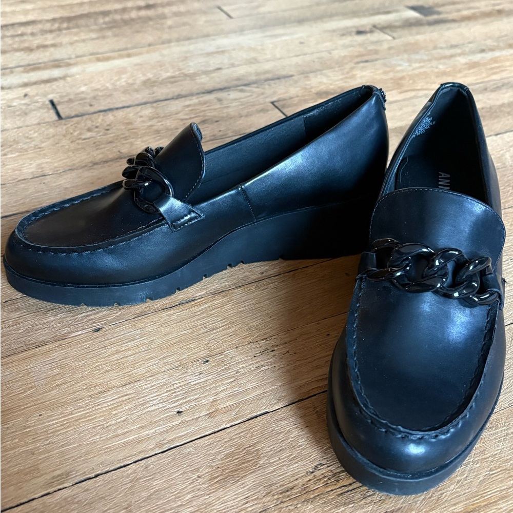 Anne Klein Black Loafers with Chain Accent NWT